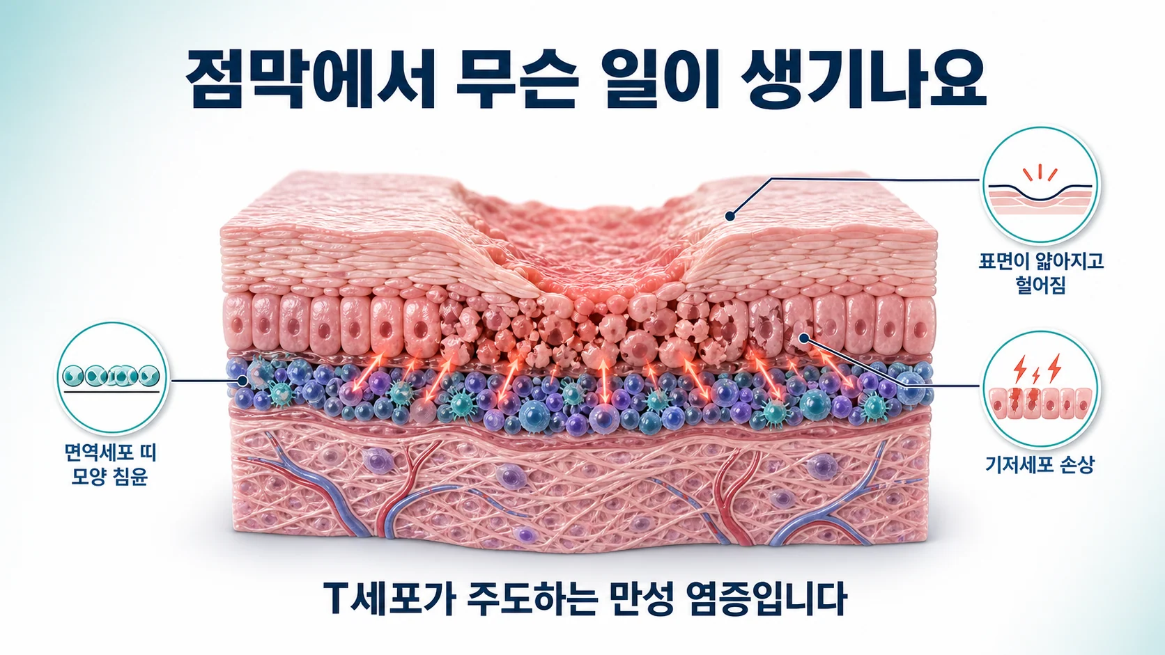 구강 편평태선 점막에서 면역세포가 기저층을 공격하는 과정을 그린 도식