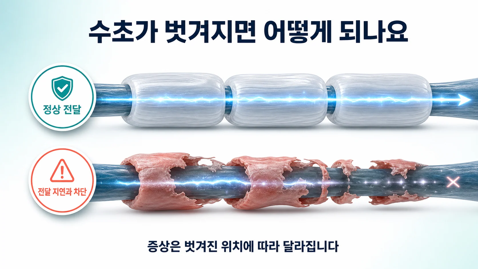 수초가 정상일 때와 벗겨졌을 때의 신호 전달을 비교한 도식