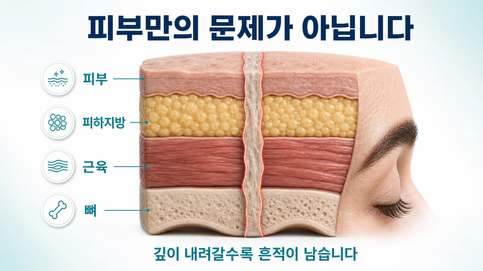 이마 단면에서 피부, 피하지방, 근육, 뼈까지 영향을 받는 과정을 설명한 도식