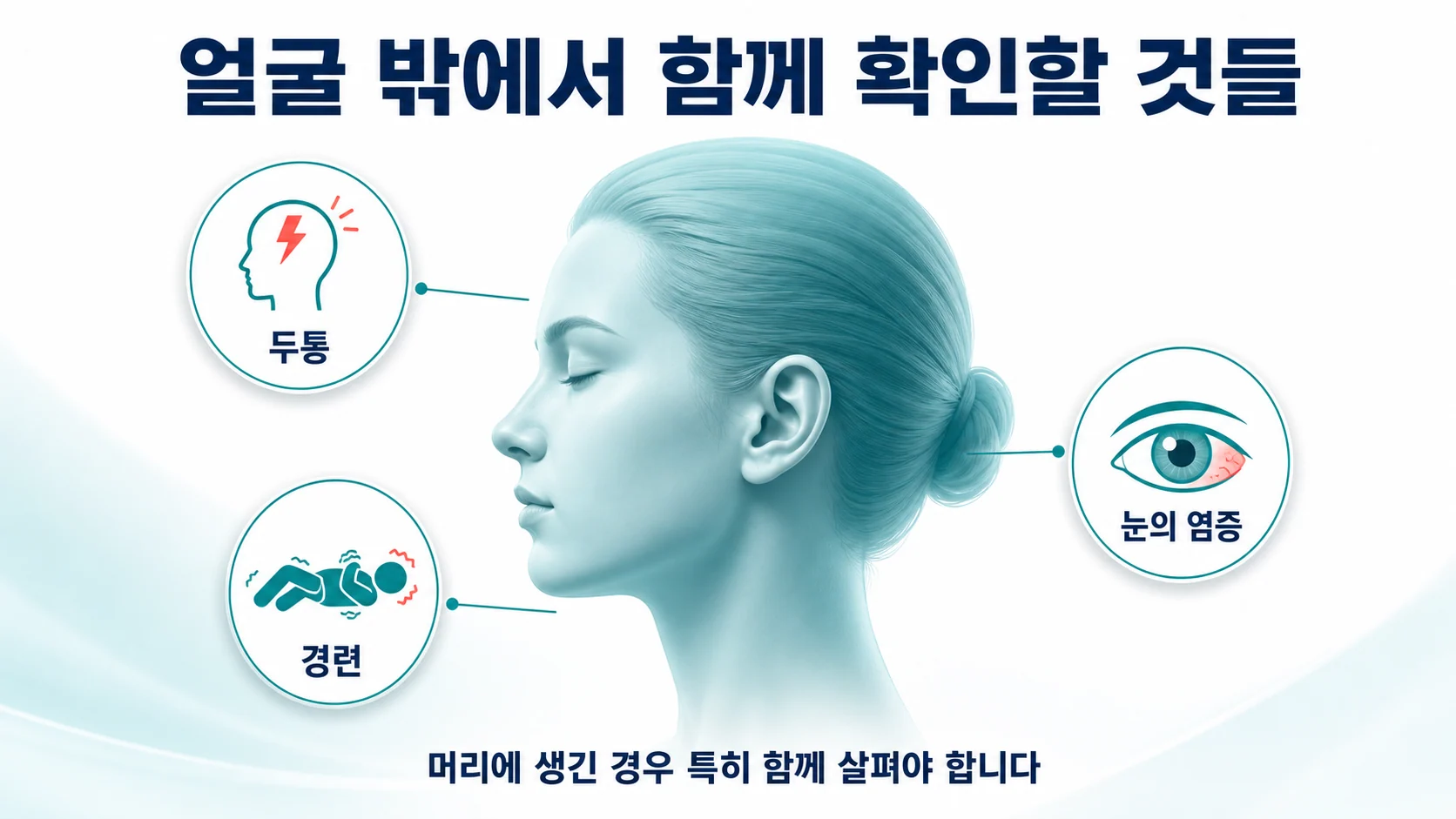 얼굴 밖에서 함께 확인해야 할 두통, 경련, 눈 증상을 정리한 도식