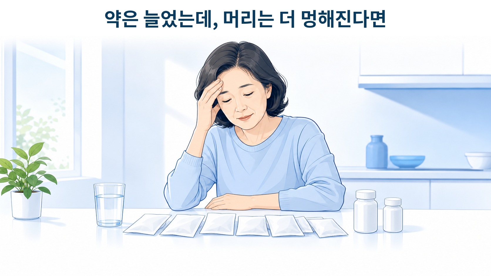 섬유근육통 약 봉지가 여러 개 놓인 식탁에서 머리를 짚고 있는 중년 여성