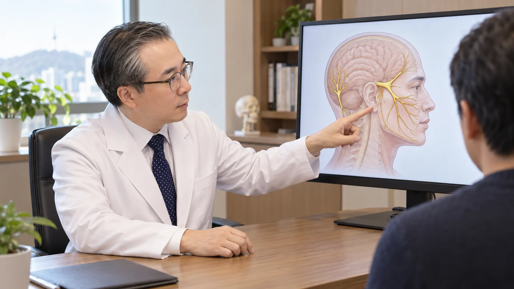 박석민 원장이 진료실 모니터에 띄운 삼차신경과 후두신경 경로 그림을 가리키며 설명하는 장면