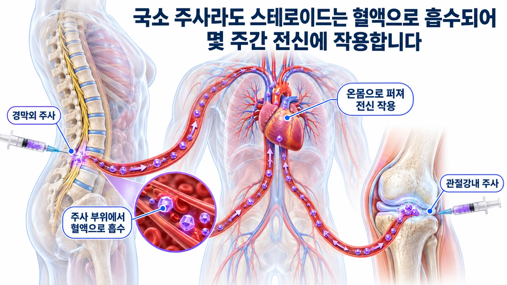 경막외 주사와 관절강내 주사에서 스테로이드가 혈관으로 흡수되어 온몸으로 퍼지는 과정을 보여 주는 3D 그림