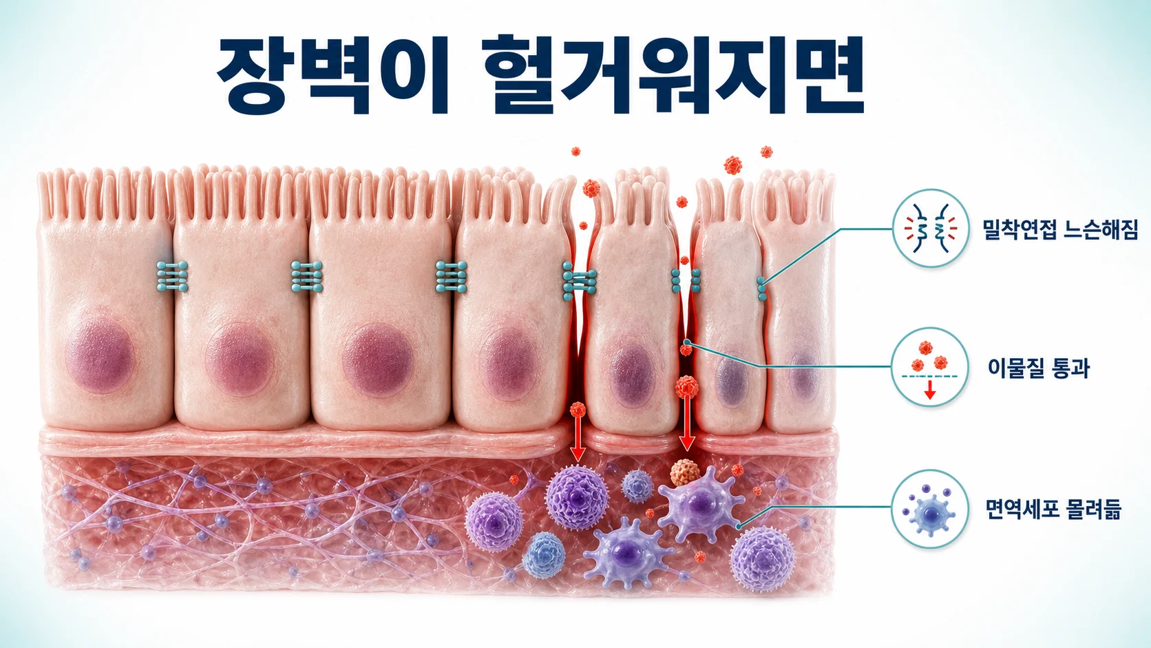 장벽이 느슨해져 면역세포가 몰려드는 과정을 설명한 도식