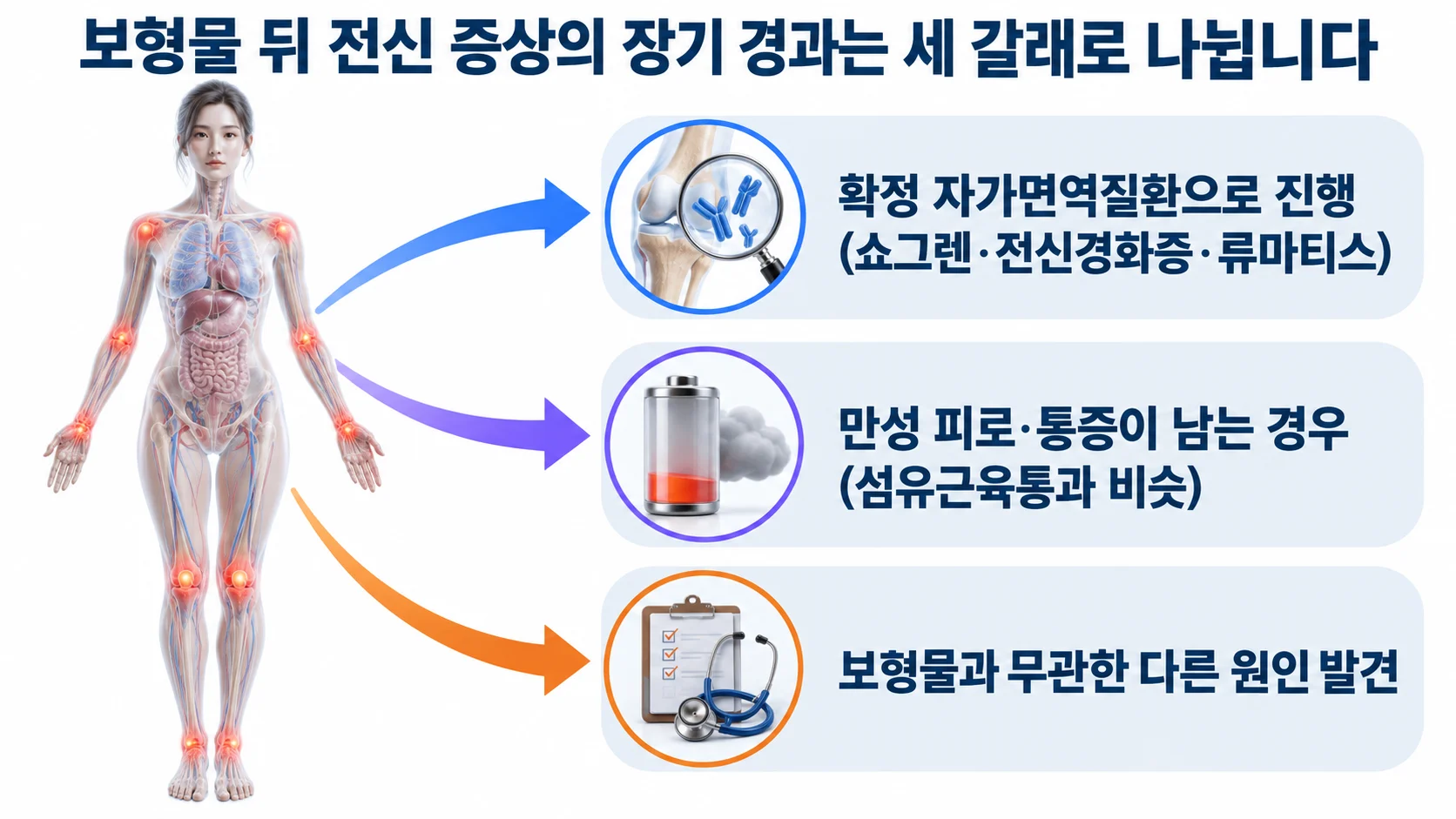 보형물 뒤 전신 증상의 장기 경과가 확정 자가면역질환 진행, 만성 증상 잔존, 다른 원인 발견의 세 갈래로 나뉘는 모식도