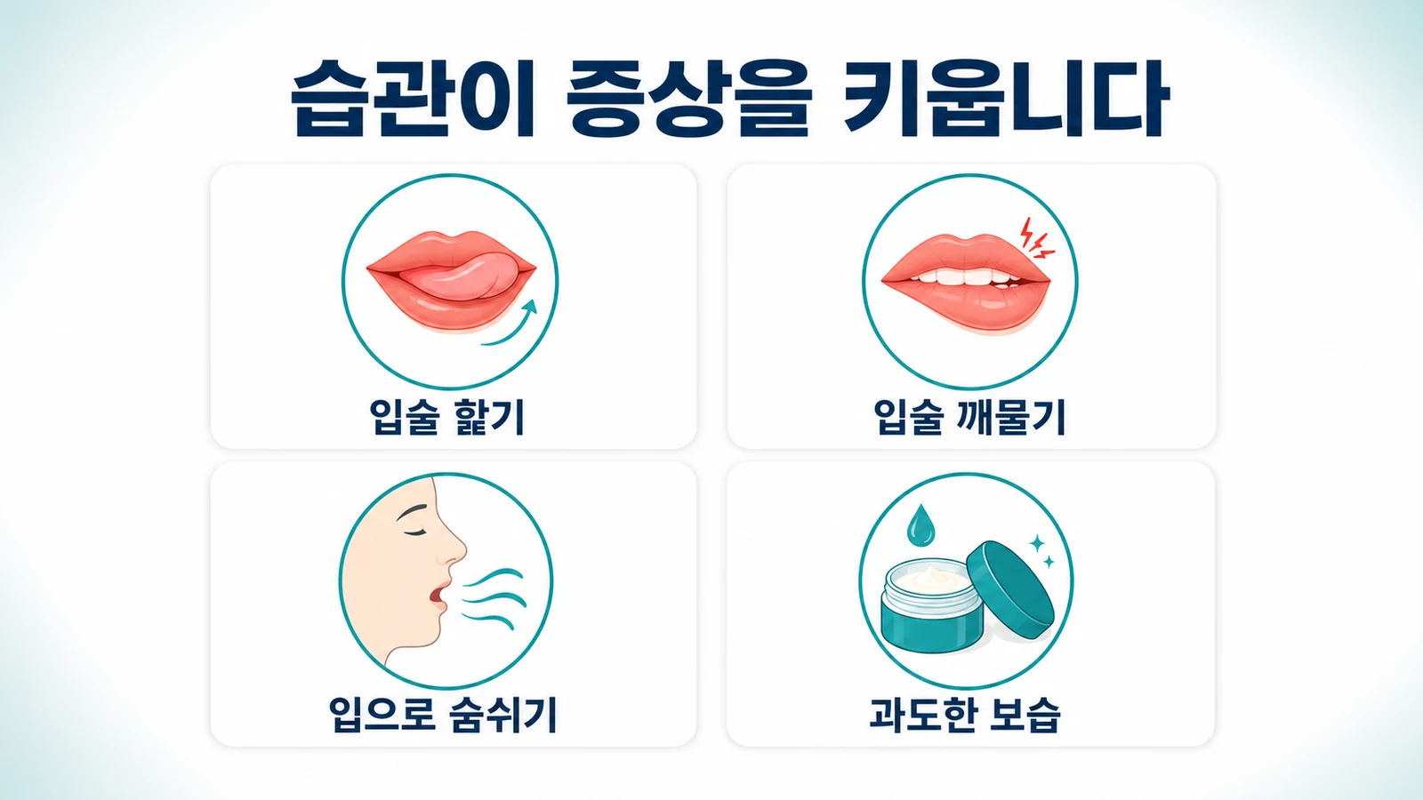 입술 핥기, 깨물기, 입으로 숨쉬기, 과도한 보습 등 악화 습관을 정리한 그림