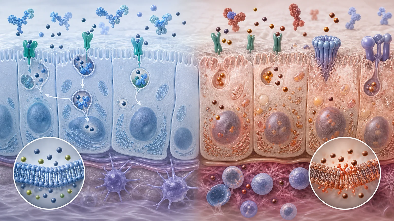 정상 침샘 상피세포와 철 의존성 산화 손상에 취약한 상피세포의 비교