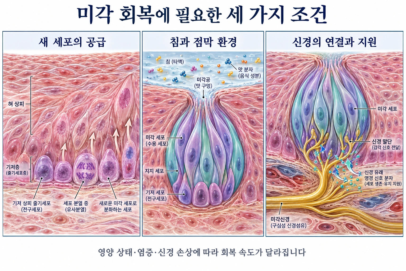새 미각세포의 공급과 침 점막 환경 및 신경 연결이라는 미각 회복의 조건을 설명한 세포 수준 일러스트