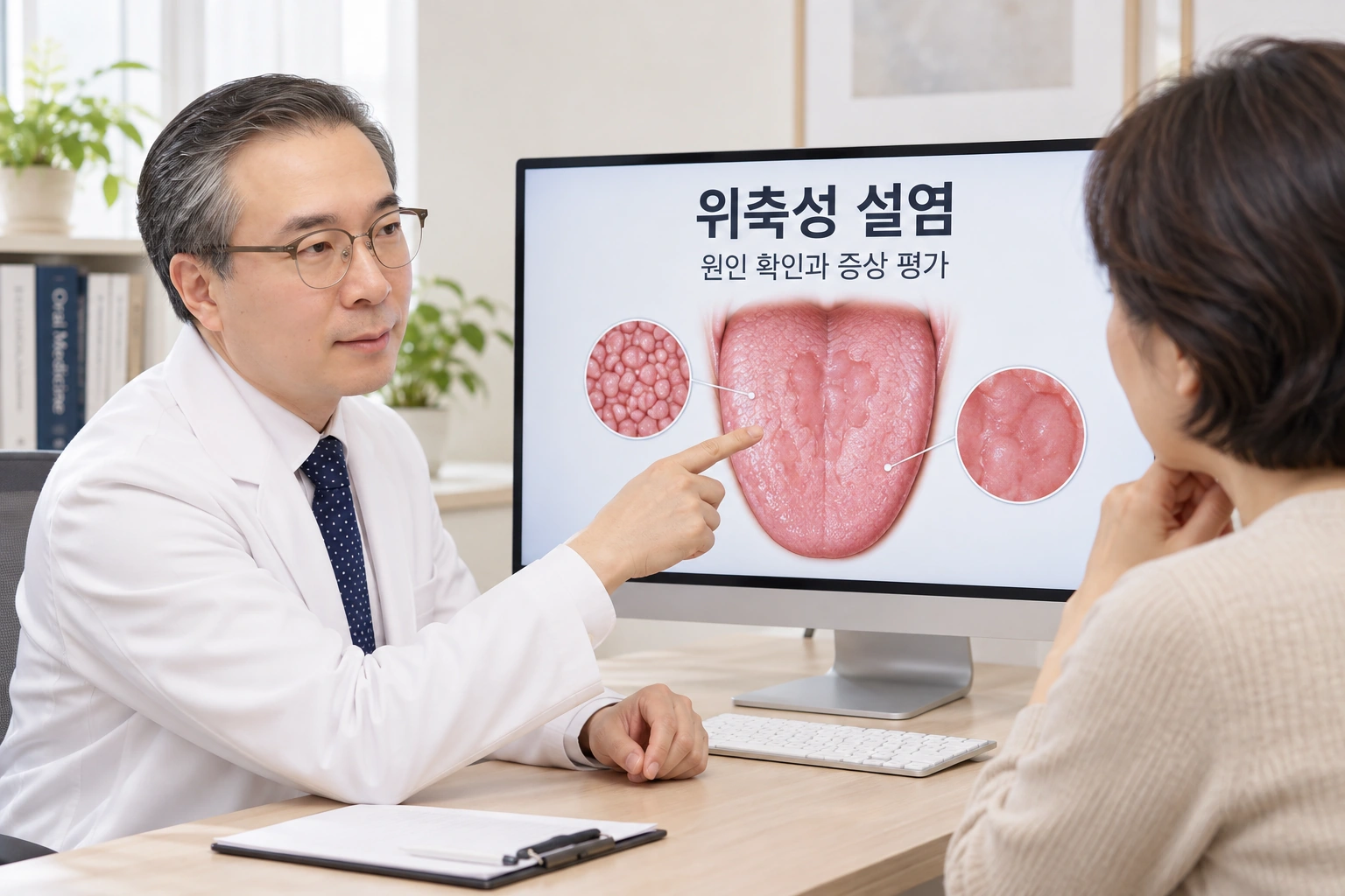 의료진과 환자가 혀 구조 그림을 보며 점막 변화와 증상 평가를 상담하는 설명 이미지